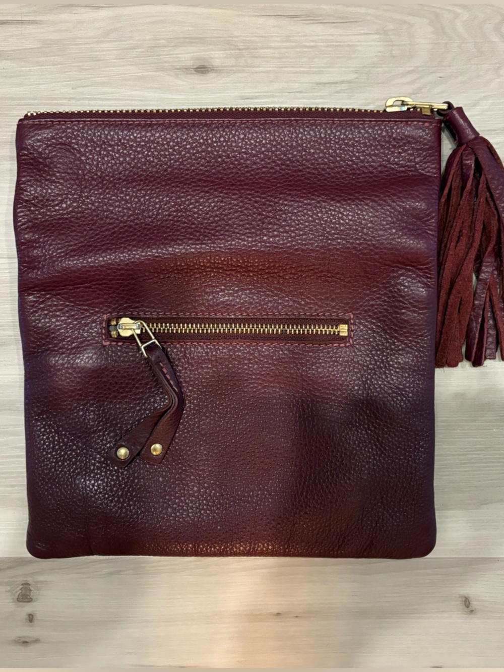 Roots Genuine Leather Fold-Over Top Zip Crossbody Bag Tassel Burgundy - Picture 9 of 15